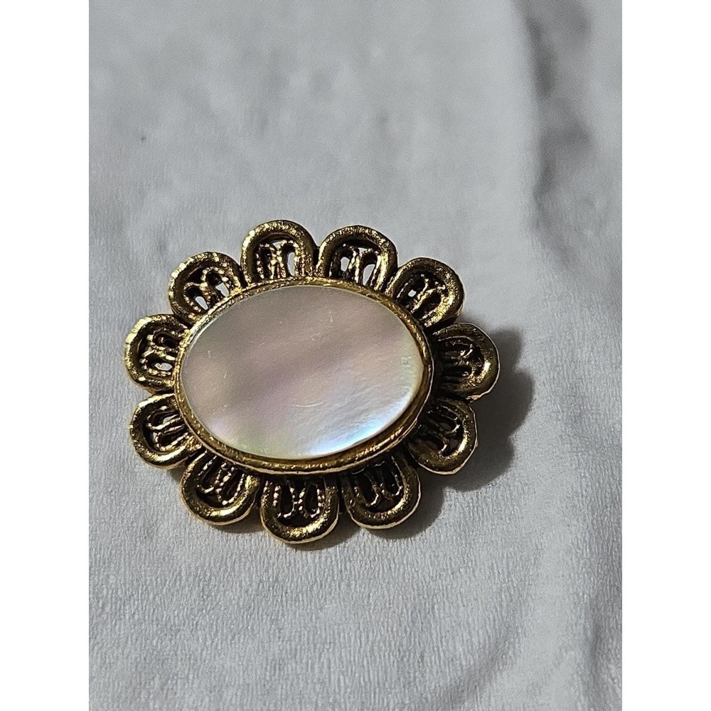 Vintage Gold Tone Mother of Peral Sheen Small Oval Flower Framed Brooch Pin